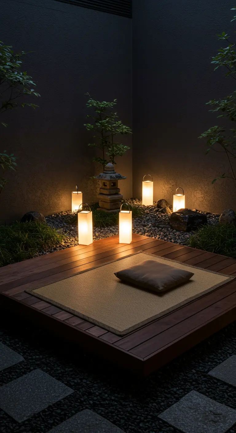 Jardín zen con plataforma de madera, estera de tatami y farolillos de estilo japonés.