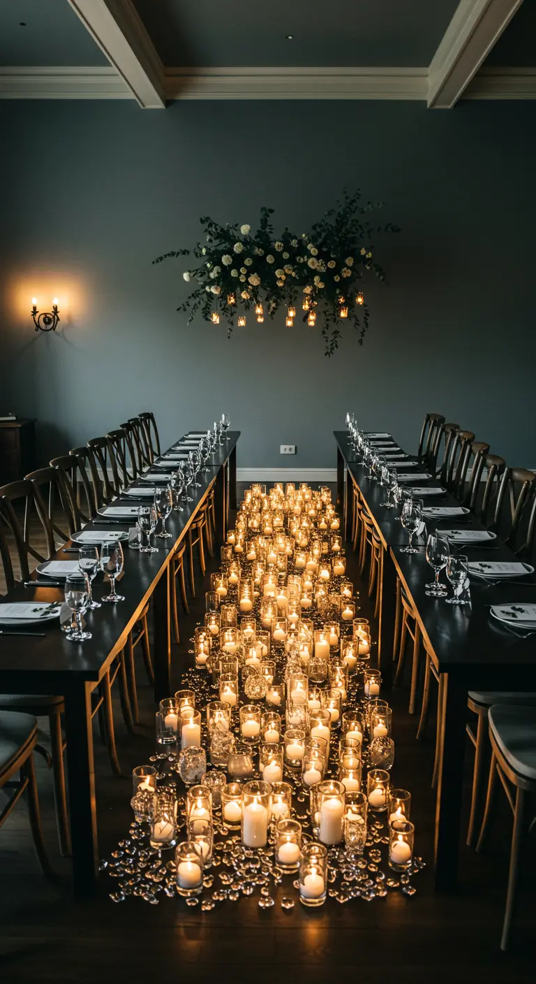 Pasillo entre dos mesas de banquete, densamente cubierto de velas encendidas en recipientes de cristal.
