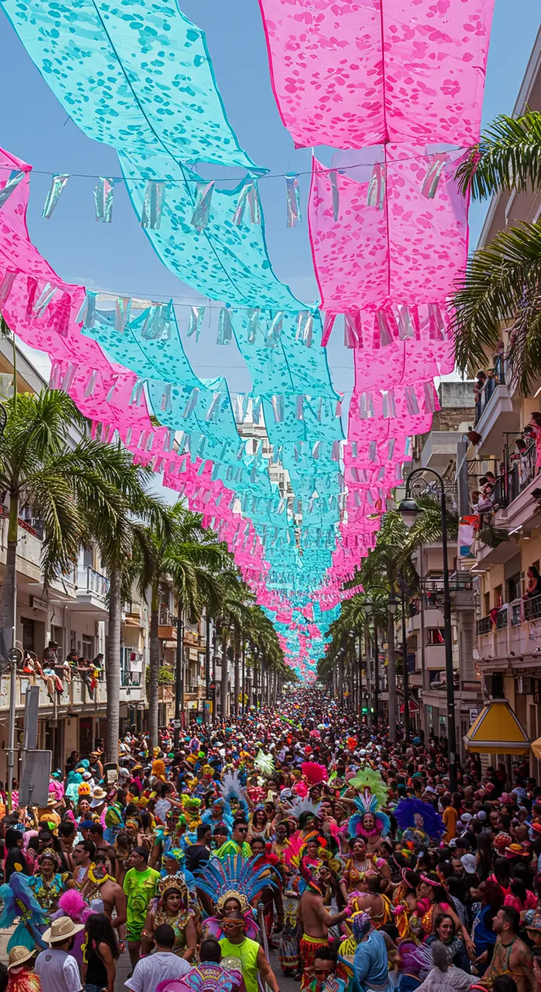 Calle de carnaval abarrotada con enormes serpentinas de tela rosa y turquesa en el cielo.