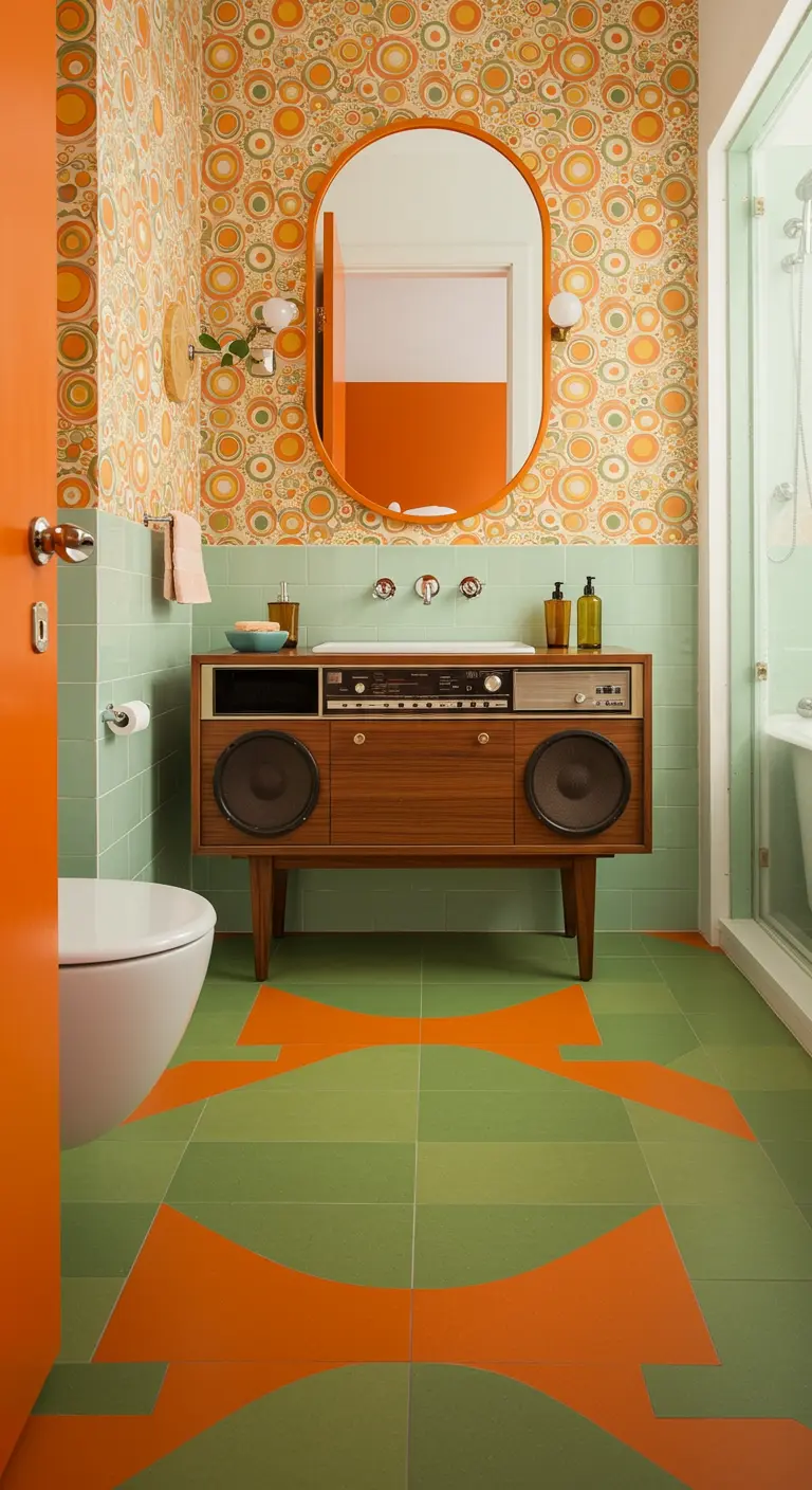 Baño de estilo retro con un mueble de tocadiscos de los 70 reconvertido en lavabo.