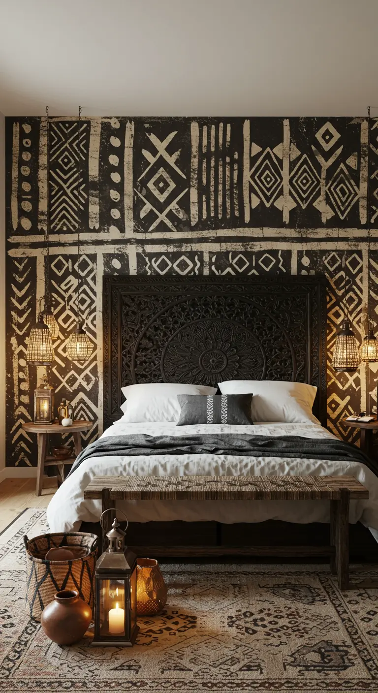 Mural con patrones geométricos de estilo africano en blanco y negro en un dormitorio boho.