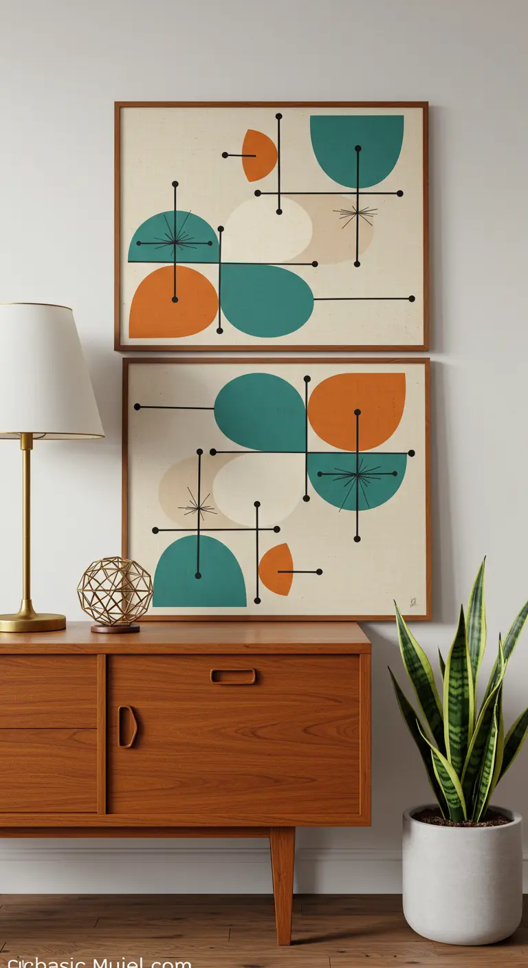 Dos cuadros de estilo mid-century con formas geométricas en naranja y verde sobre un aparador de madera.