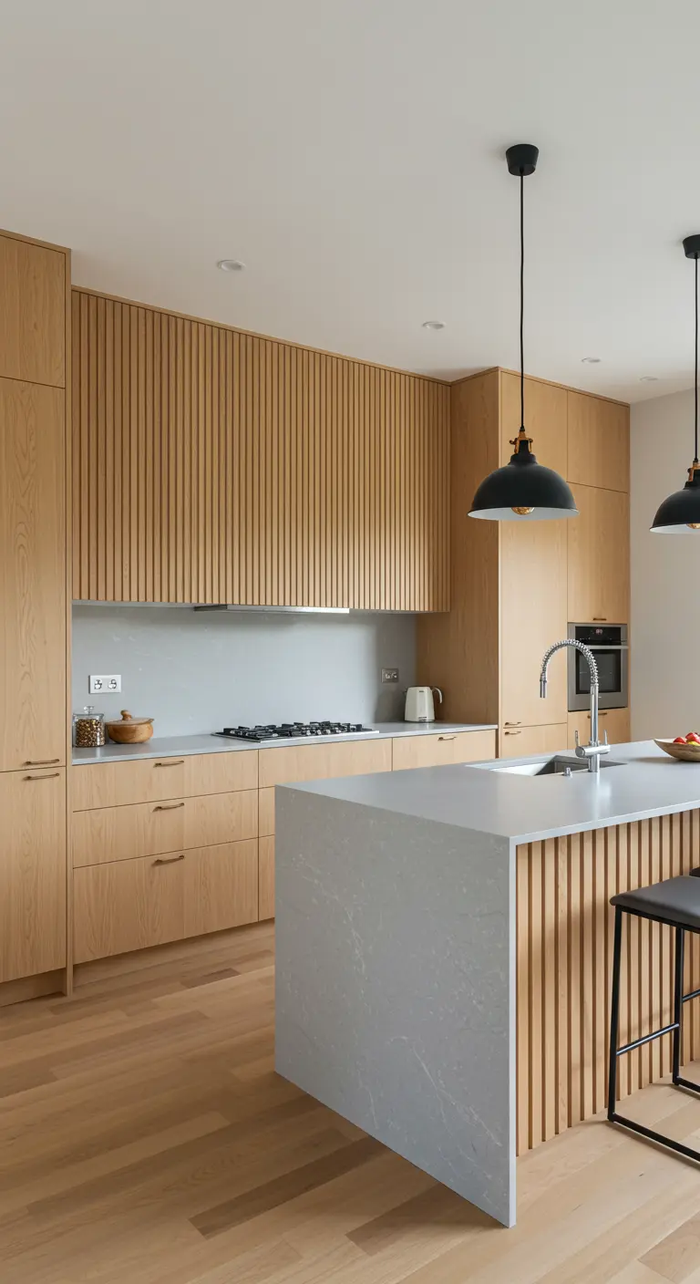 Cocina con armarios de listones de madera verticales y una isla de cuarzo gris