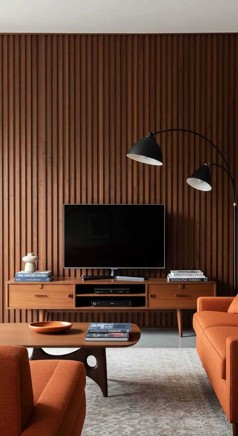 Pared de listones de madera verticales detrás de un mueble de televisión en una sala Mid-Century.