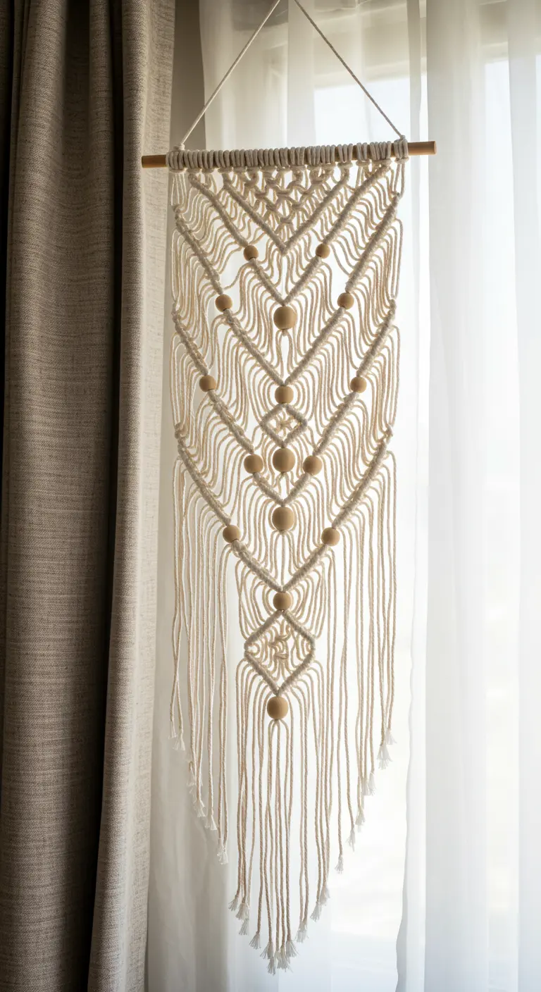 Tapiz de macramé largo y estrecho con cuentas de madera, colgado junto a una ventana.