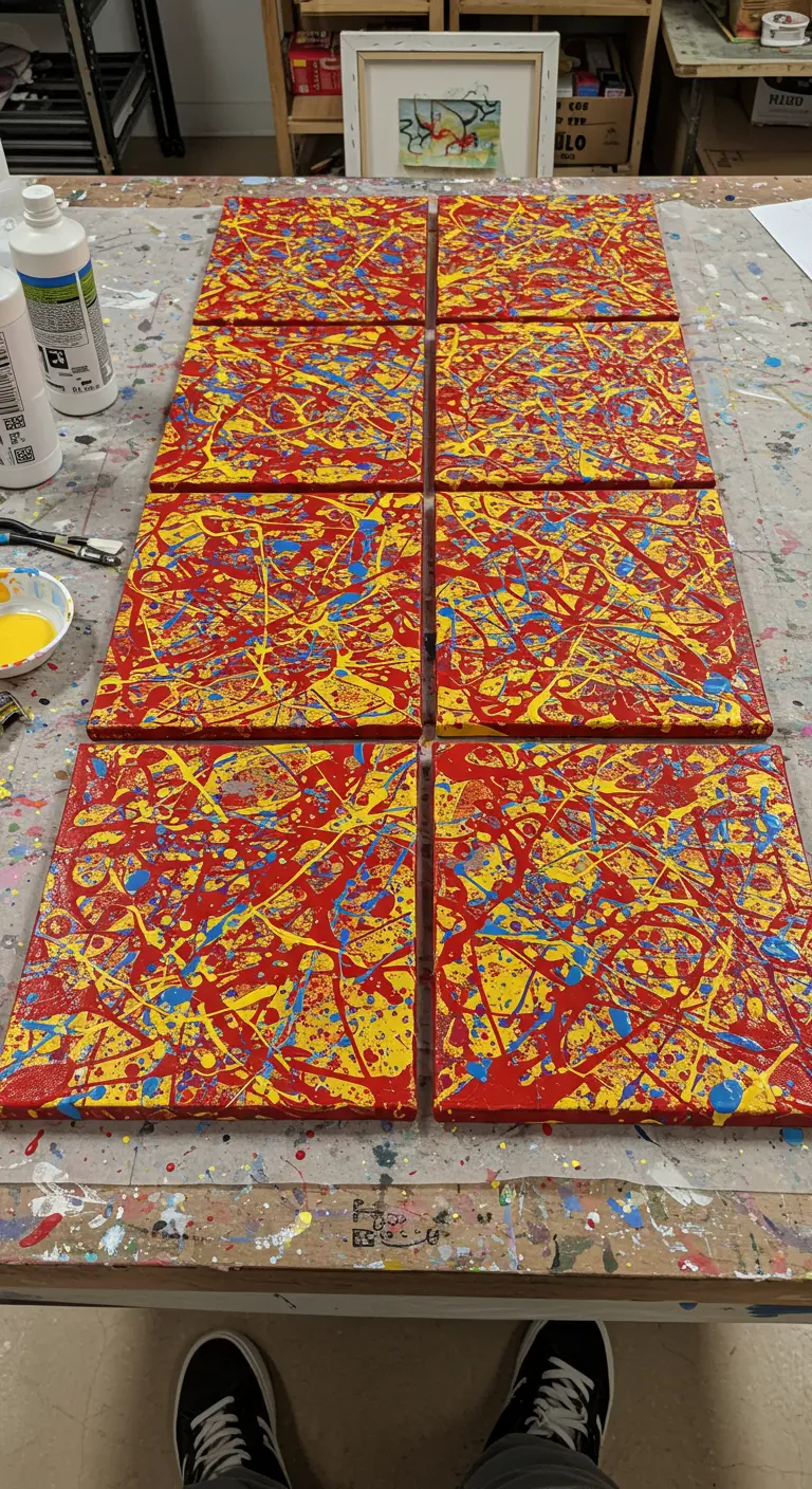 Varios lienzos pequeños con fondo rojo y salpicaduras amarillas y azules, dispuestos en una mesa.