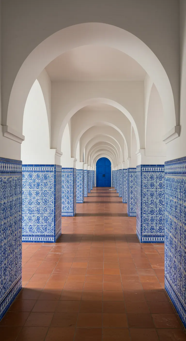 Largo pasillo con arcos y columnas revestidas de azulejos azules y blancos de estilo portugués.