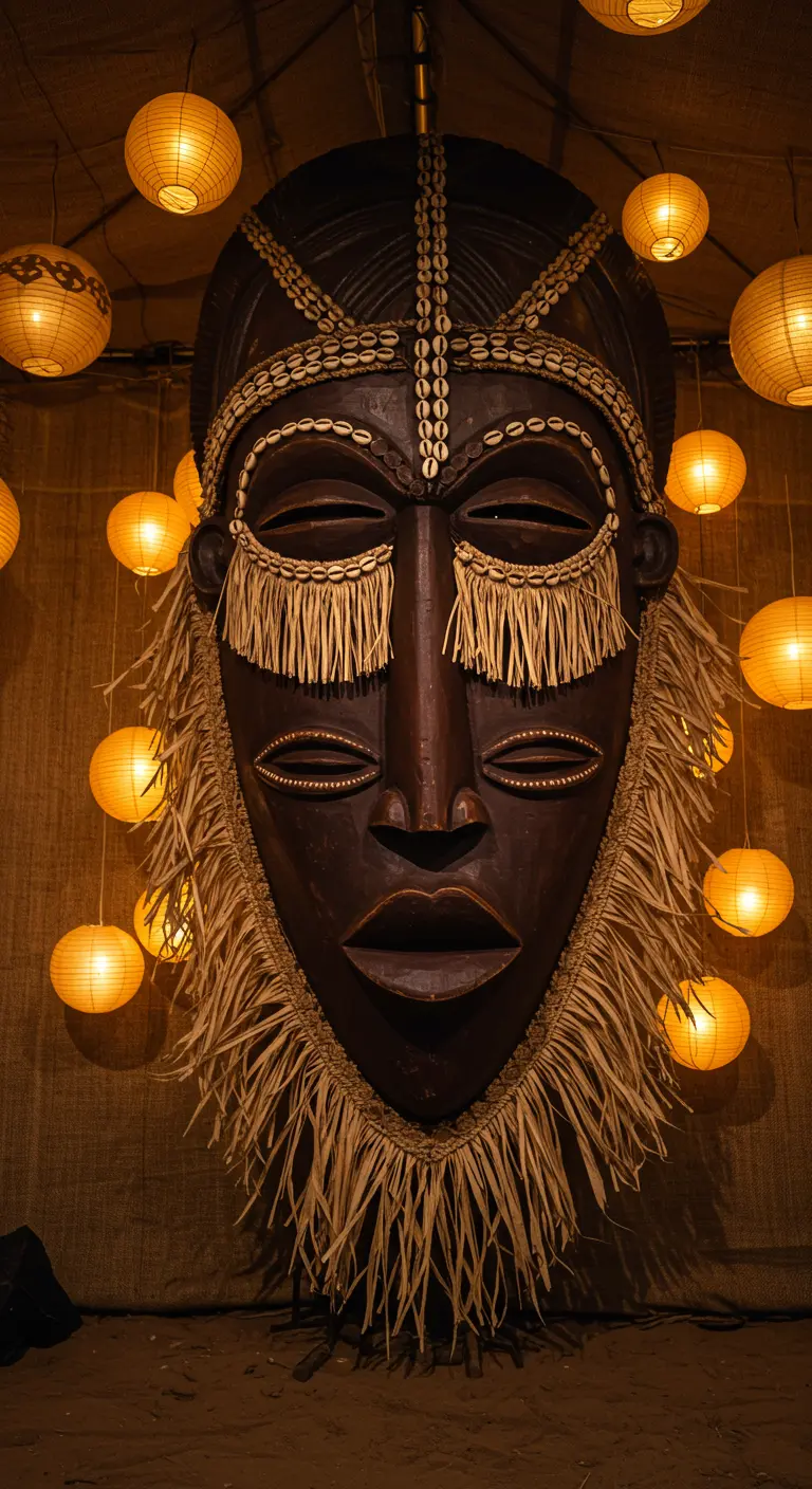 Máscara de madera oscura de estilo africano, decorada con conchas y rafia, rodeada de farolillos.