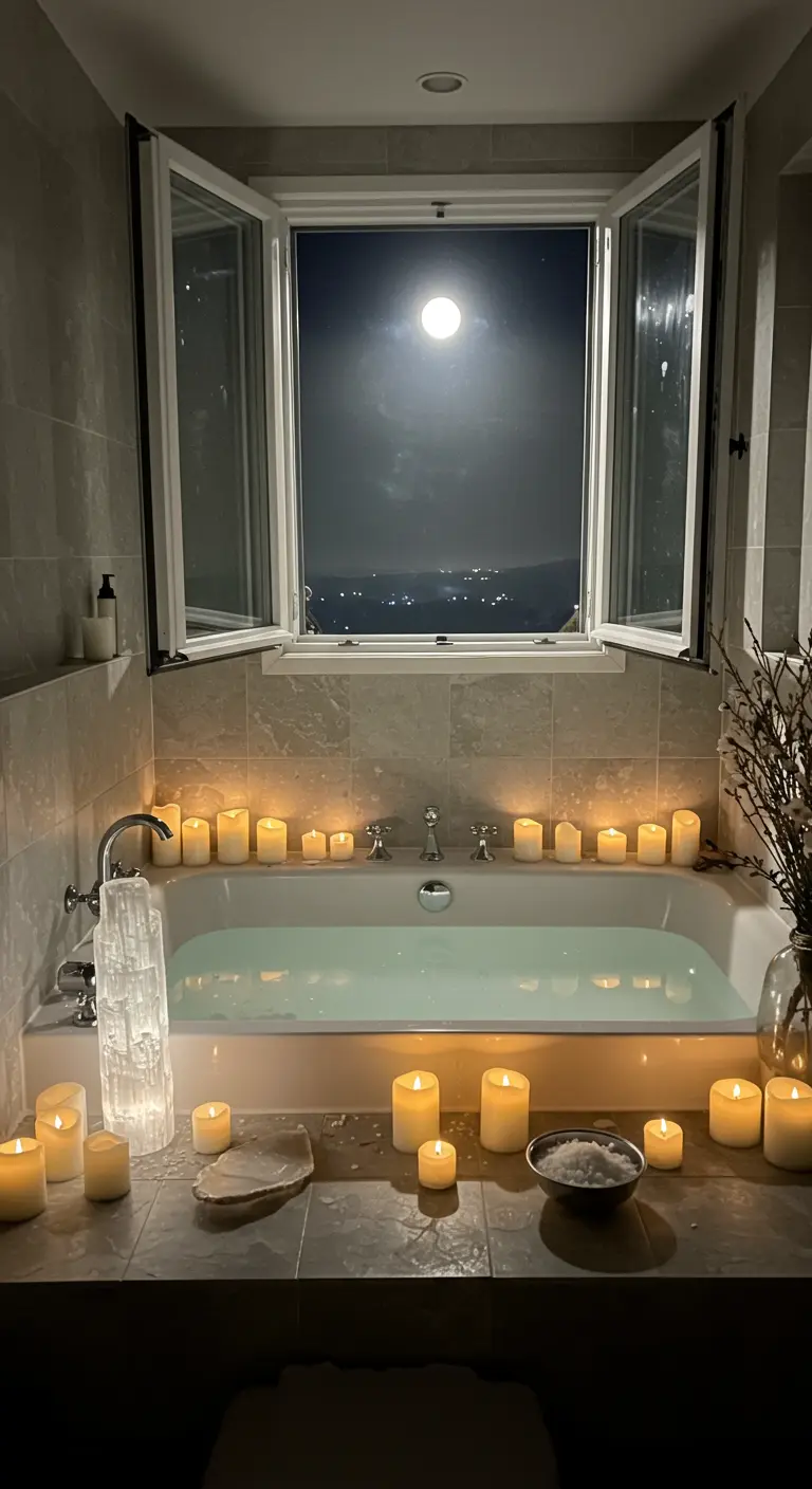 Bañera rodeada de velas frente a una ventana abierta que muestra la luna llena.