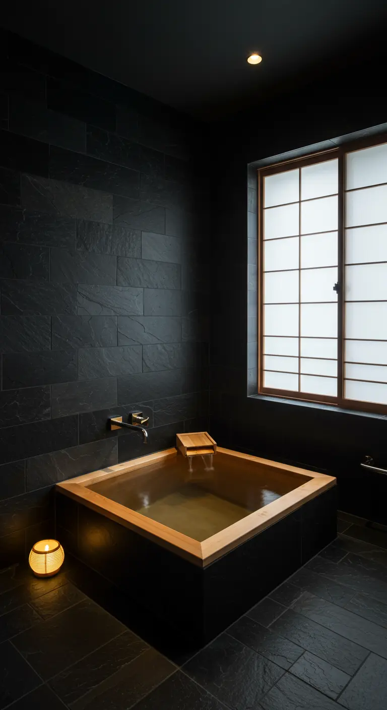 Baño oscuro de estilo japonés con una bañera de madera tipo ofuro y paredes de pizarra