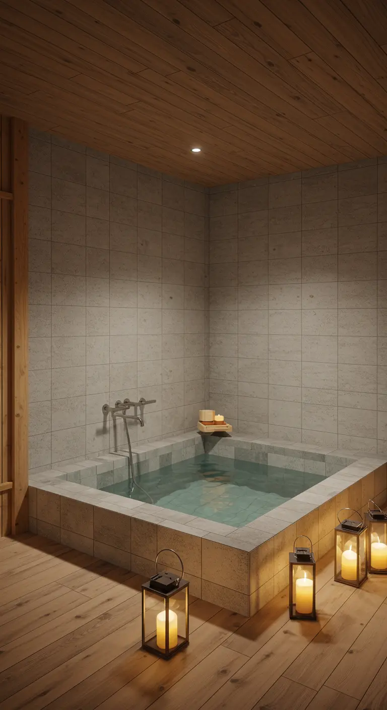 Baño con bañera de obra cuadrada y suelo de madera, iluminado por farolillos con velas.