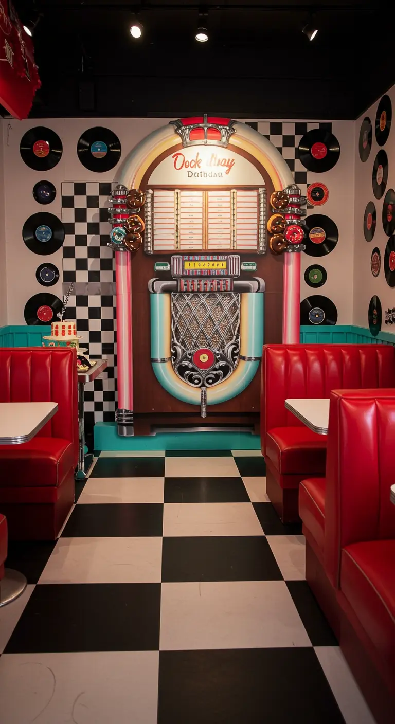 Decoración de restaurante estilo años 50 con donuts colgados en una gramola clásica.