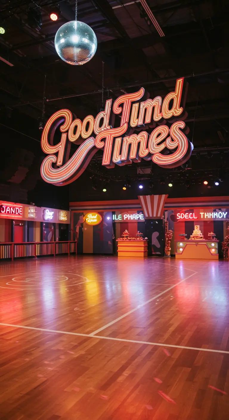 Pista de patinaje retro con un enorme letrero de neón 'Good Times' y una bola de discoteca.