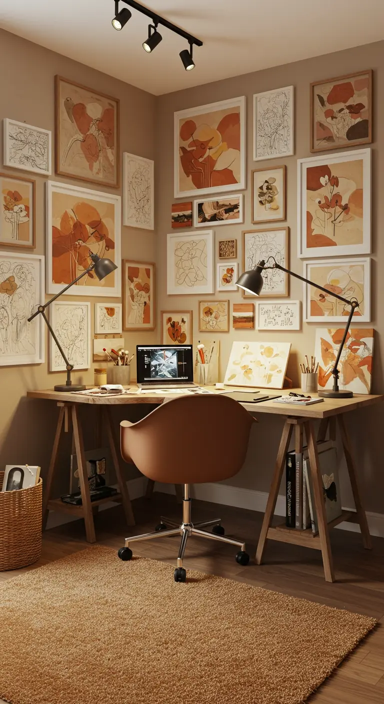 Escritorio de artista rodeado por una pared de galería con ilustraciones en tonos cálidos.