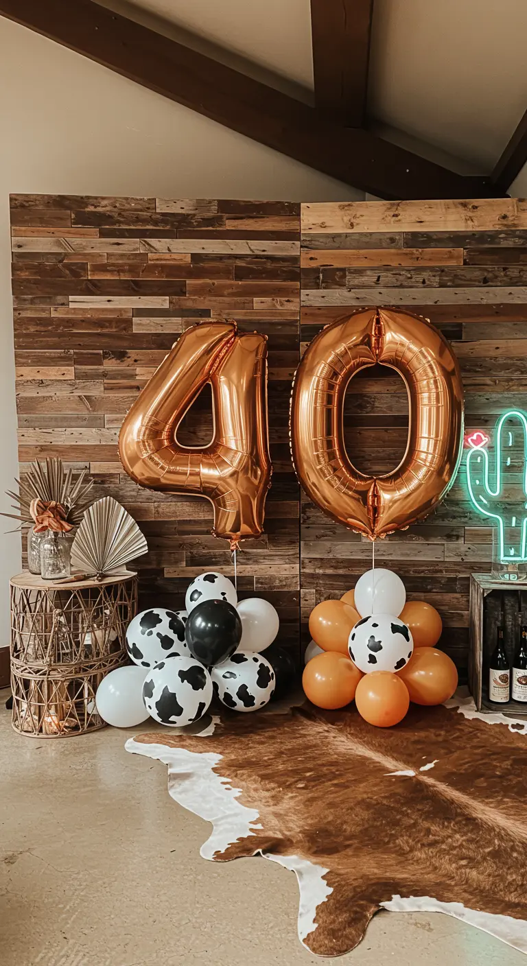 Decoración western con globos del número 40, pared de madera y globos con estampado de vaca.