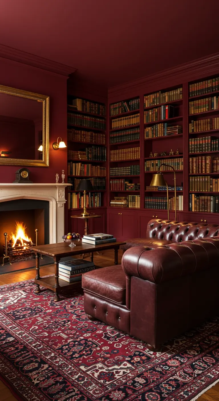 Biblioteca clásica en tonos rojo borgoña con sofá Chesterfield de cuero y estanterías llenas.