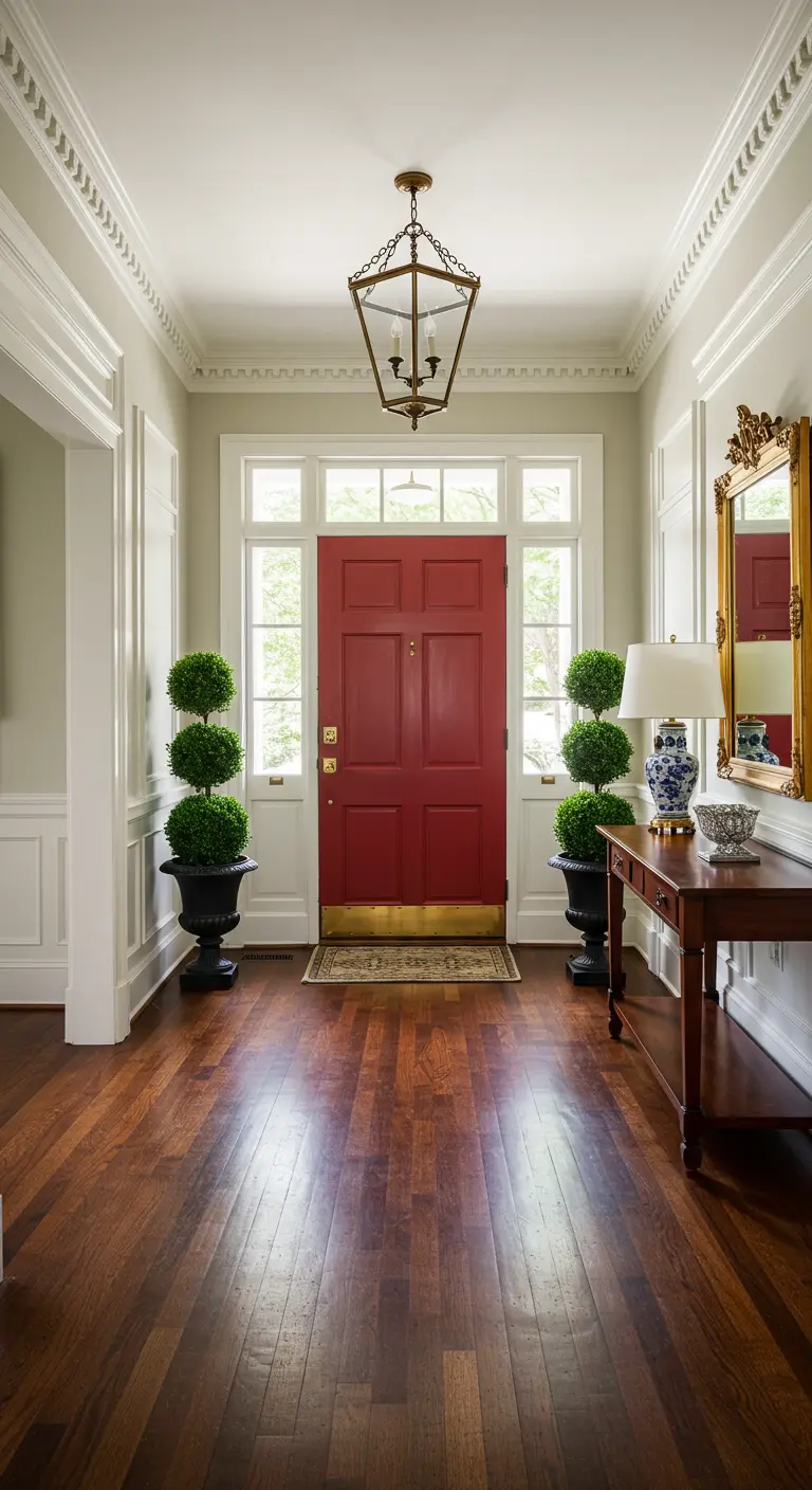Recibidor clásico con puerta rojo burdeos, molduras blancas y dos árboles topiarios.