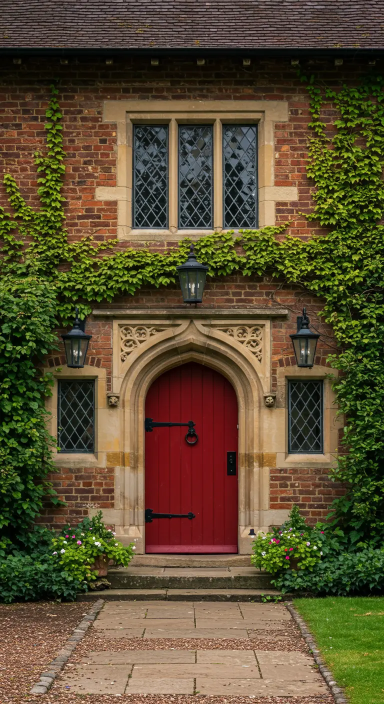 Puerta de madera roja con herrajes de hierro en una casa antigua cubierta de hiedra