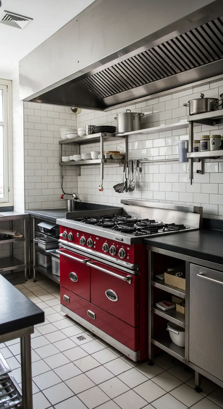 Cocina de estilo profesional con un gran horno rojo y mobiliario de acero inoxidable.
