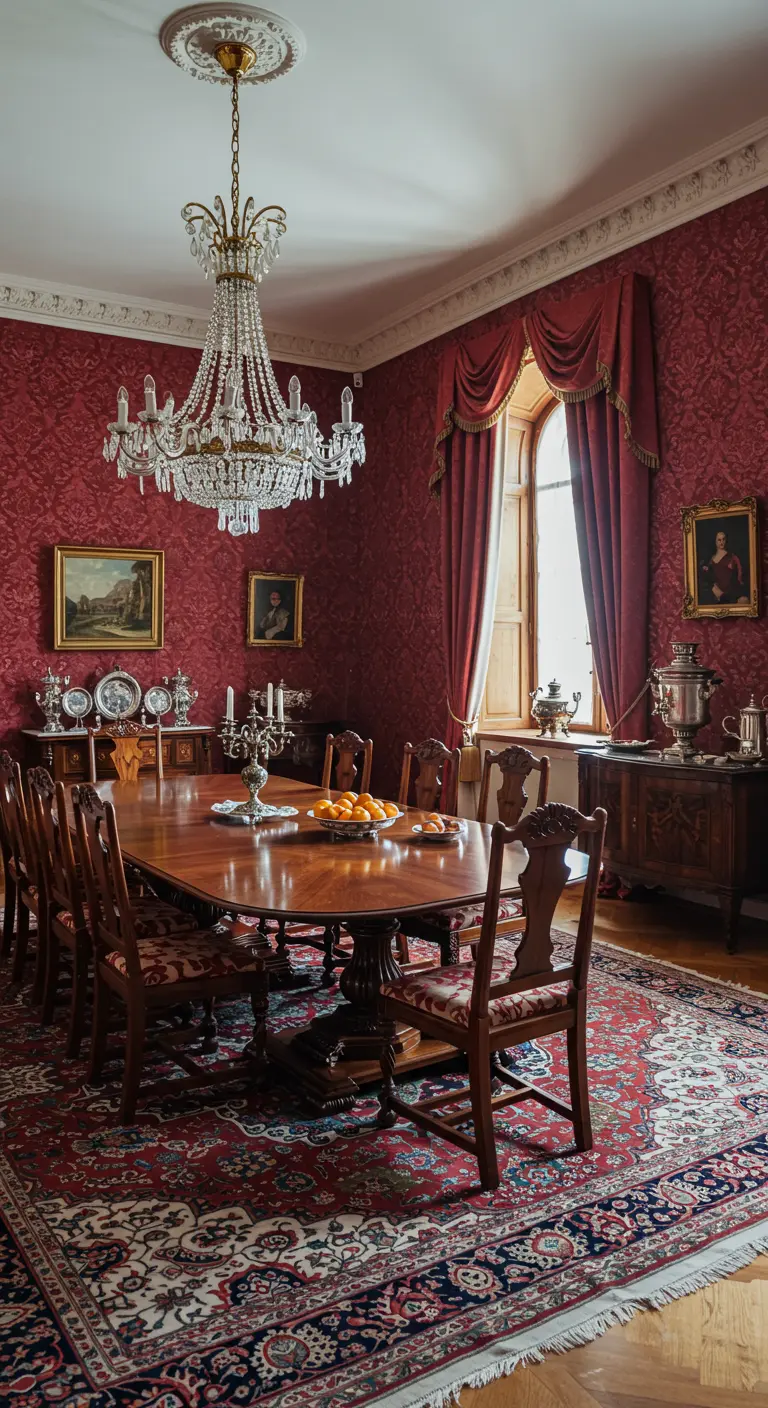 Comedor ruso tradicional con paredes rojas, candelabro de cristal y mesa de madera oscura.