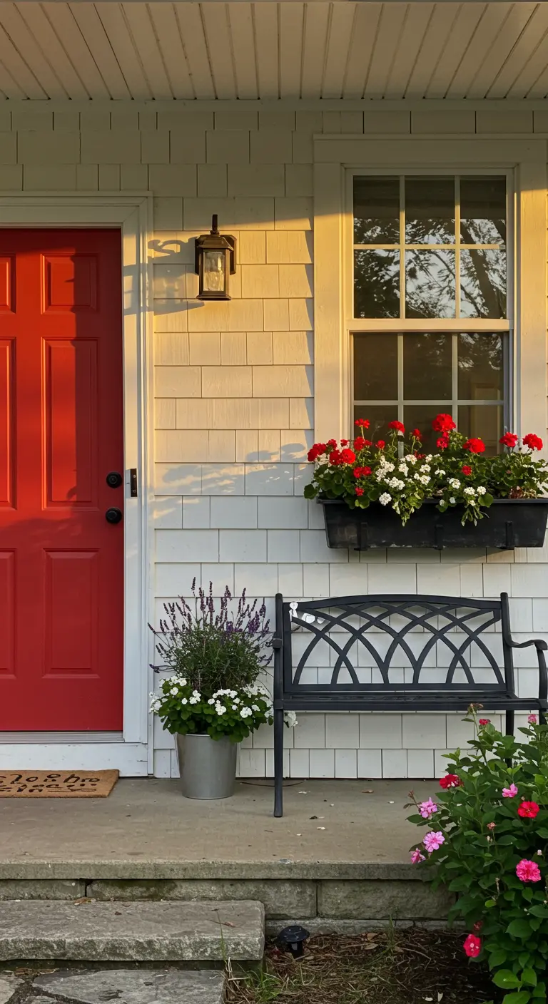 Entrada con puerta roja, jardinera con geranios rojos y un banco de hierro negro.
