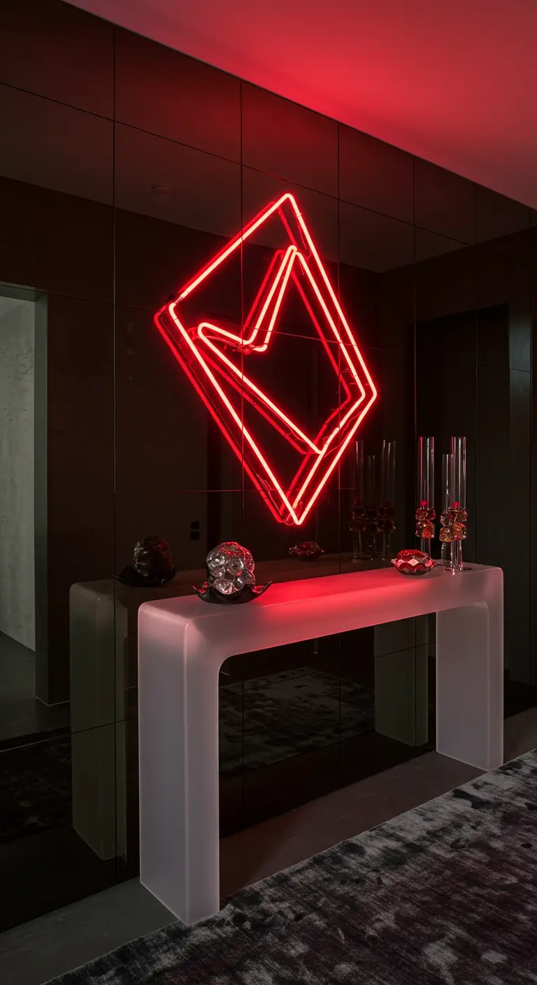 Entrada dramática con pared de espejos oscuros, neón geométrico rojo y consola de acrílico mate.
