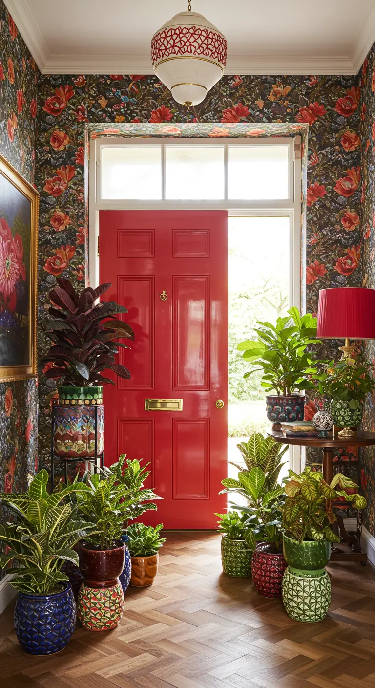 Recibidor maximalista con puerta roja, papel pintado floral y abundantes plantas.