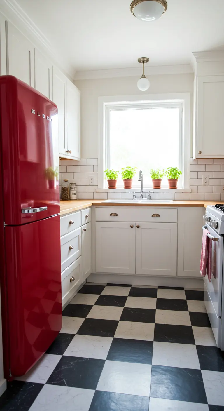 Cocina pequeña con frigorífico retro rojo, armarios blancos y suelo de ajedrez.
