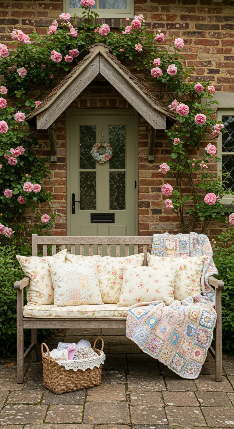 Banco de jardín con cojines florales y una manta de patchwork, rodeado de rosales.