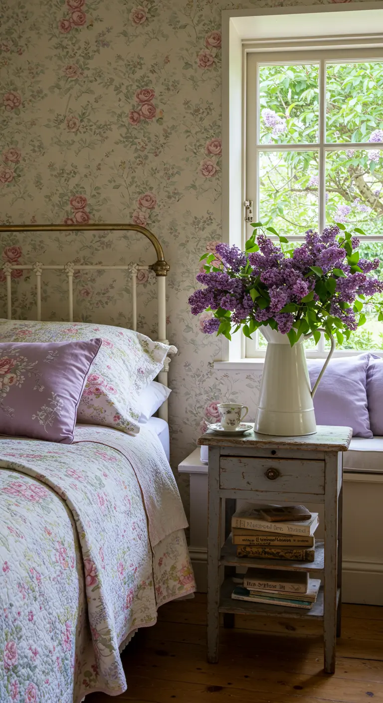 Dormitorio de estilo rústico con papel pintado floral y un jarrón de lilas frescas.