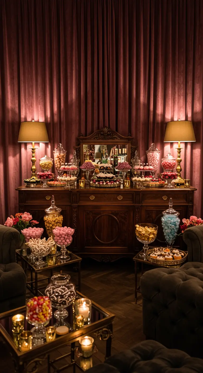 Candy bar opulento sobre un aparador de madera oscura, con lámparas y cortinas de terciopelo.