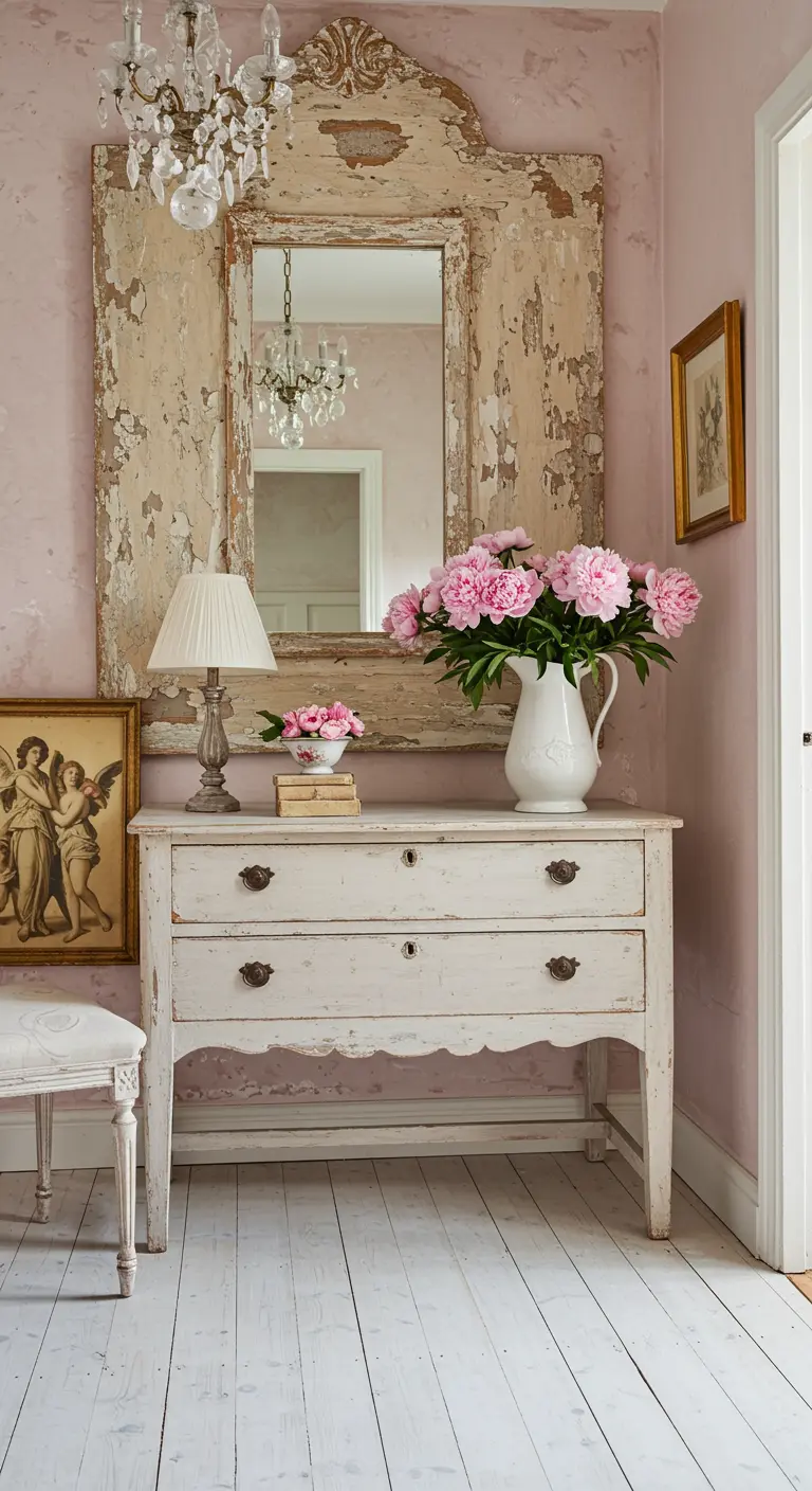 Recibidor shabby chic con paredes rosas, cómoda blanca decapada y espejo con marco desgastado.