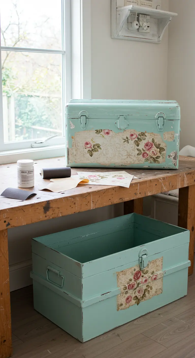 Baúl metálico verde menta con flores rosas aplicadas con técnica decoupage.