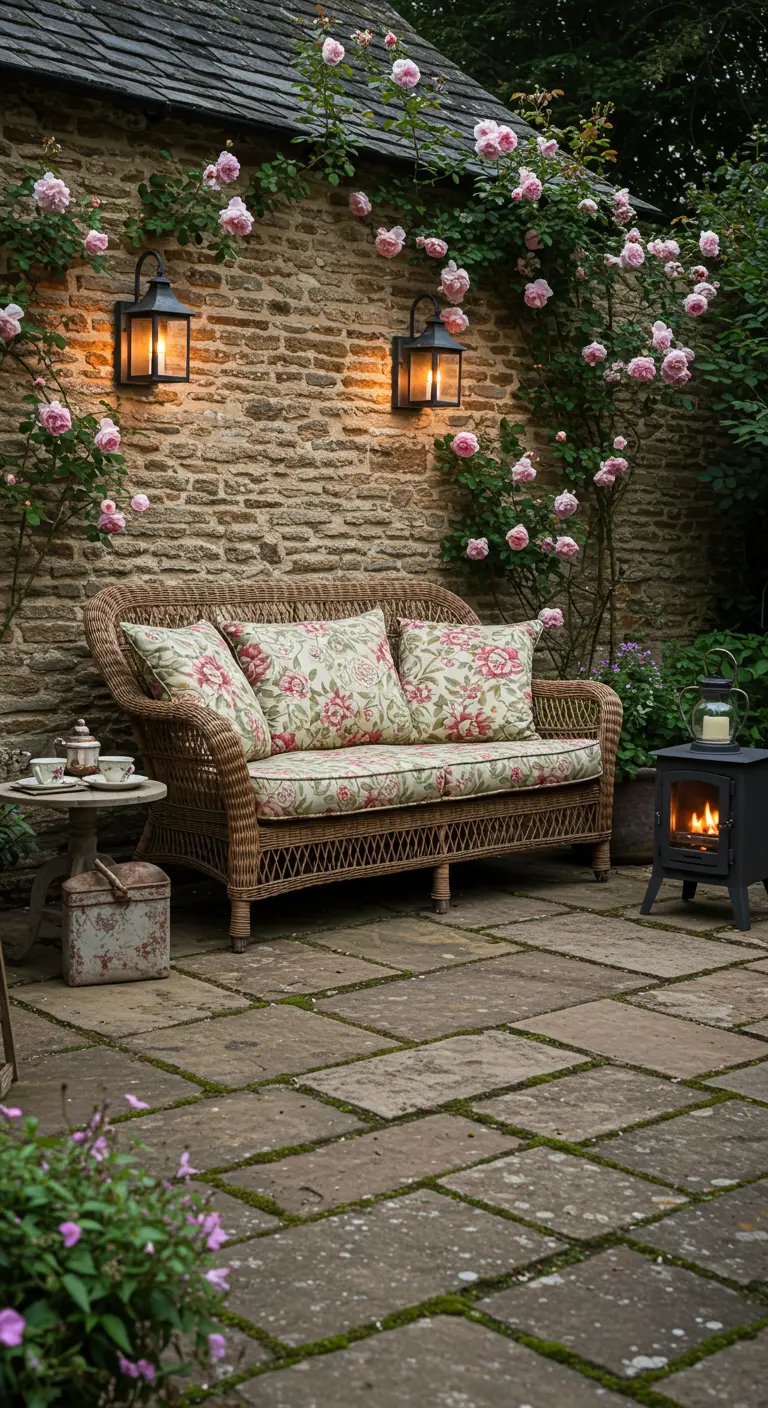 Patio de piedra con un sofá de mimbre clásico y una pared cubierta de rosas trepadoras rosas