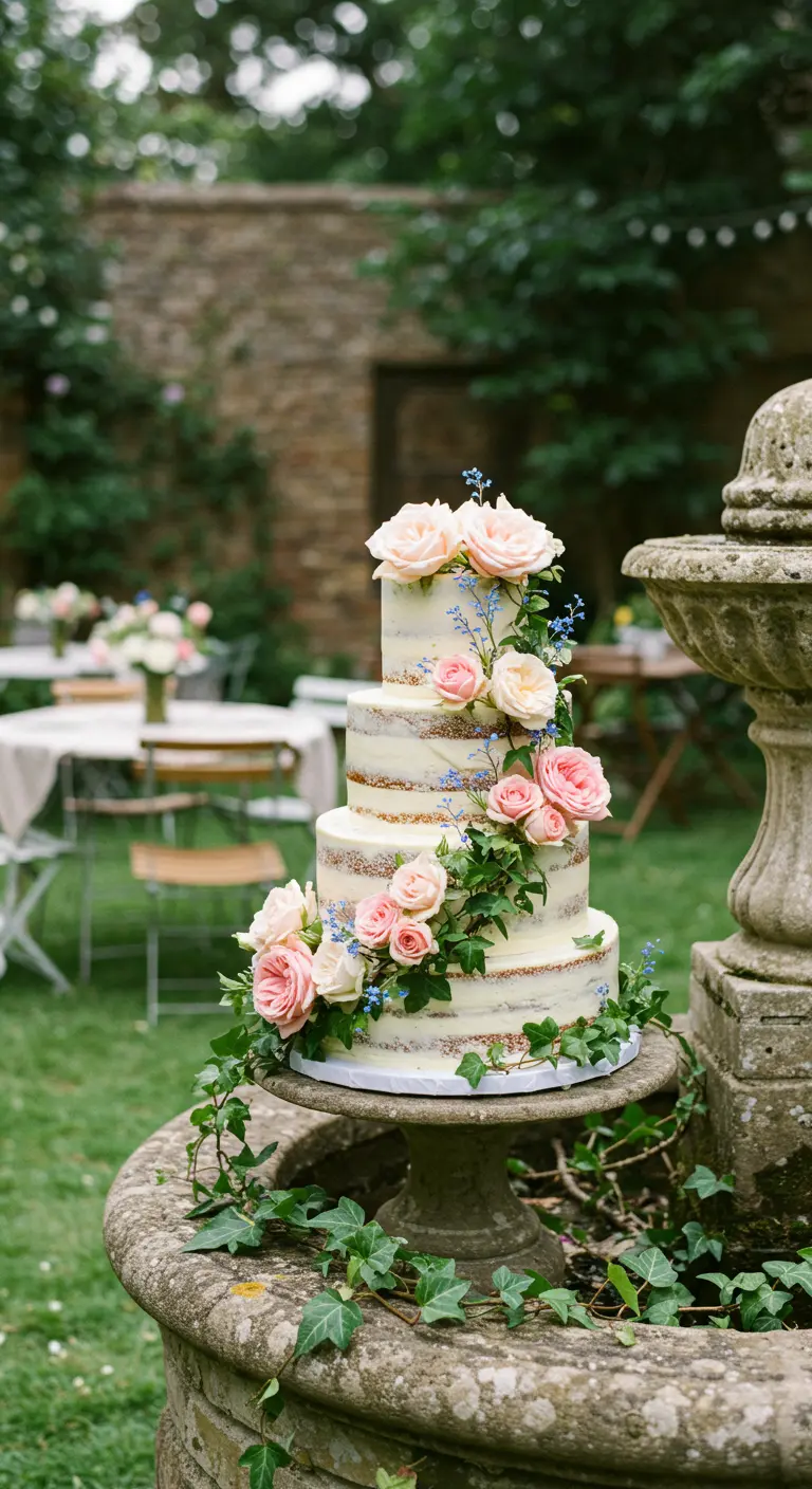 Pastel de bodas naked con rosas de color melocotón y hiedra en un jardín.