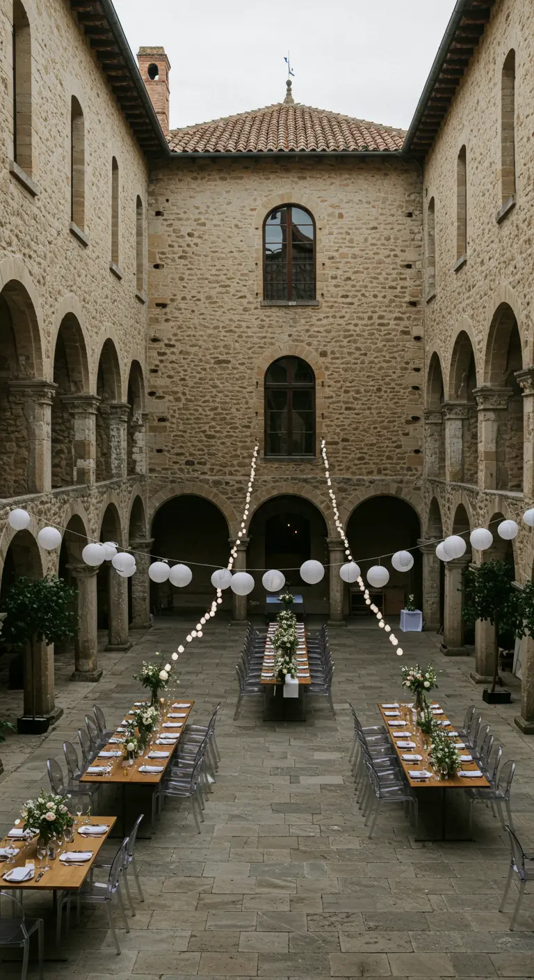 Patio de piedra con mesas largas y guirnaldas de lámparas de papel cruzadas.