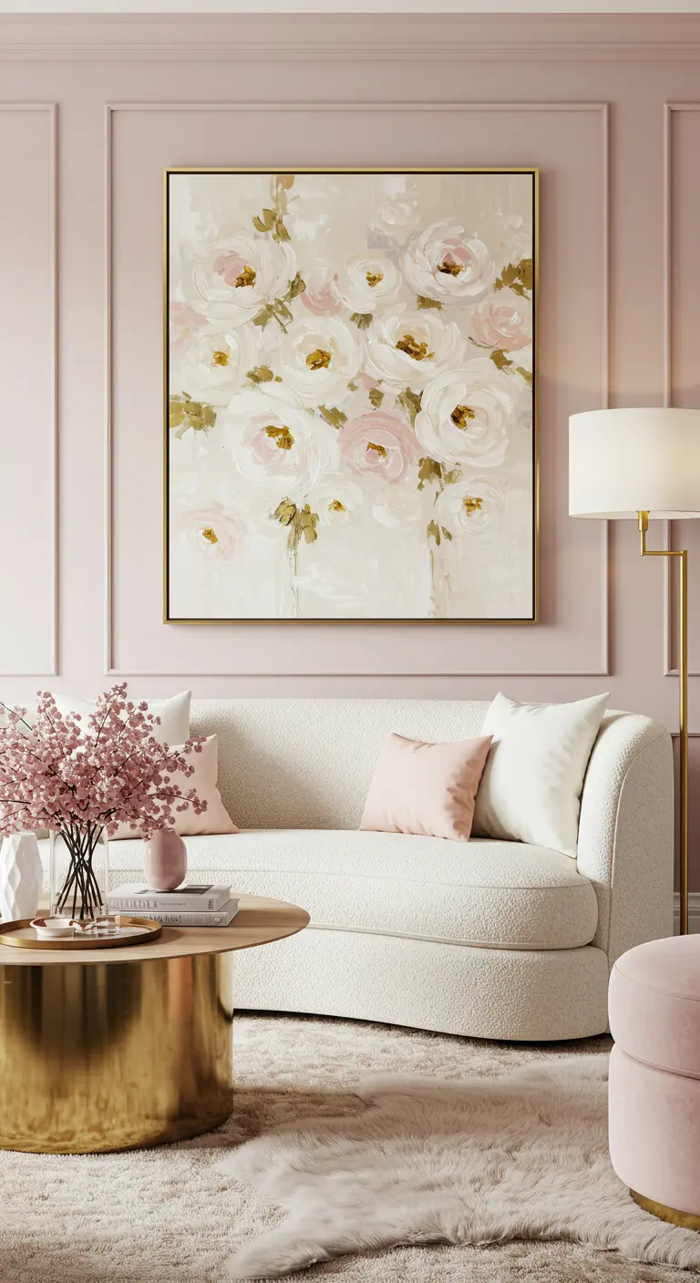 Salón romántico con un cuadro de flores blancas y rosas, paredes rosas y mobiliario en tonos claros.