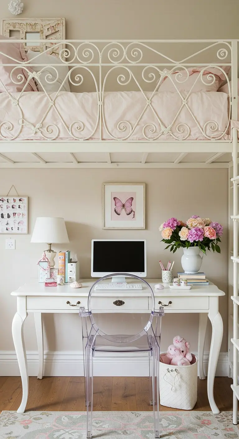 Cama alta de hierro forjado blanco con un escritorio clásico debajo y decoración romántica