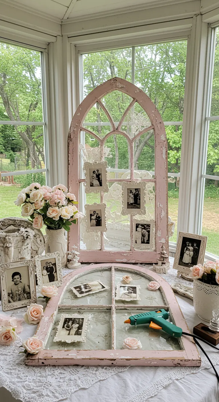 Ventanas arqueadas pintadas de rosa y decoradas con fotos y rosas de tela.