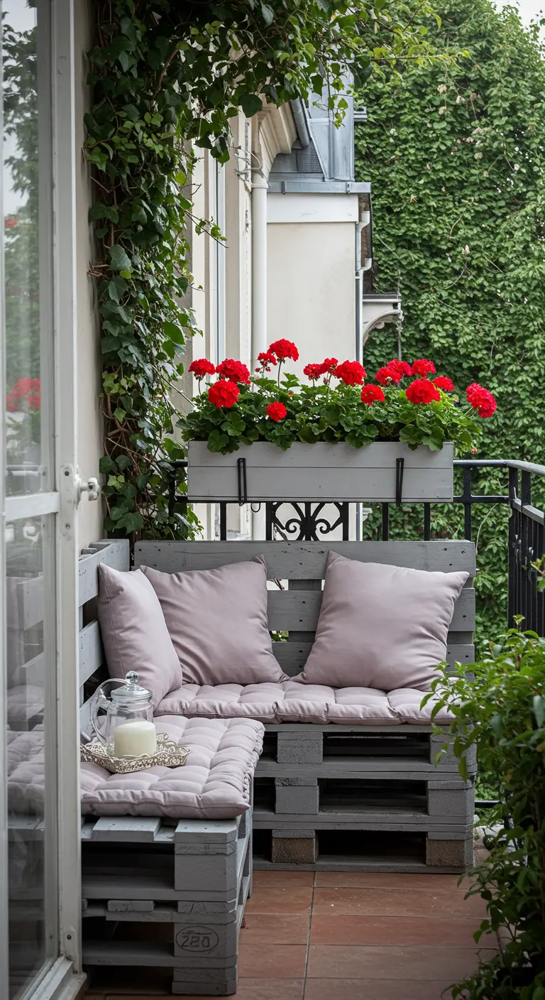 Balcón romántico con sofá esquinero de palets pintado de gris, cojines en tonos pastel y geranios rojos.