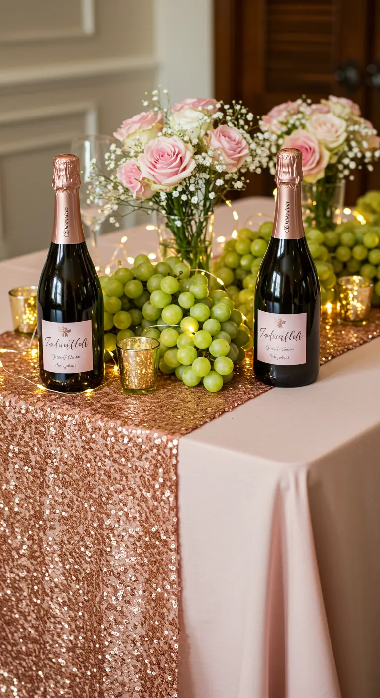 Mesa romántica con camino de lentejuelas rosa dorado, flores, luces y botellas de cava rosado.