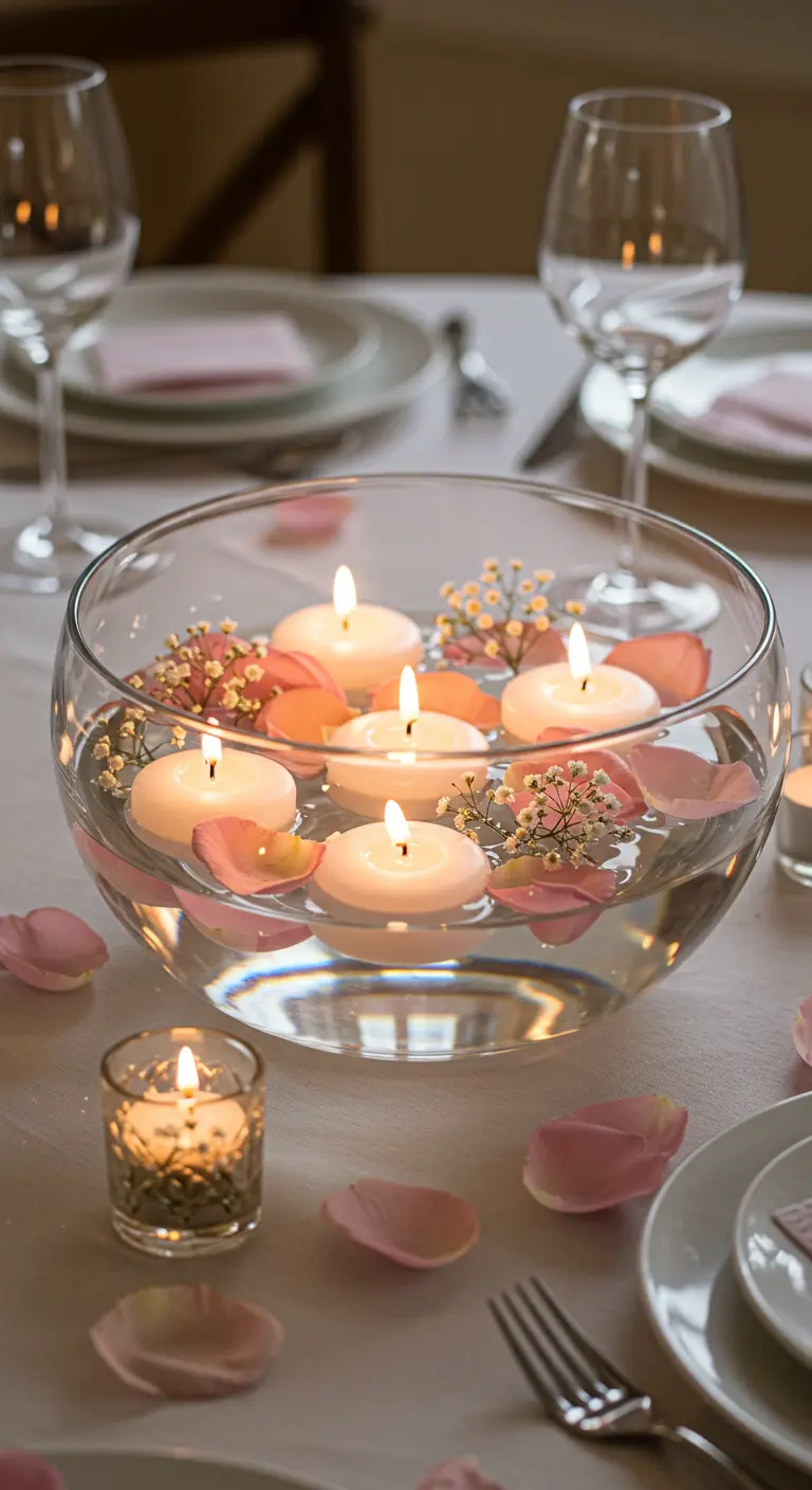 Centro de mesa con un bol de cristal con velas flotantes, pétalos de rosa y gypsophila.