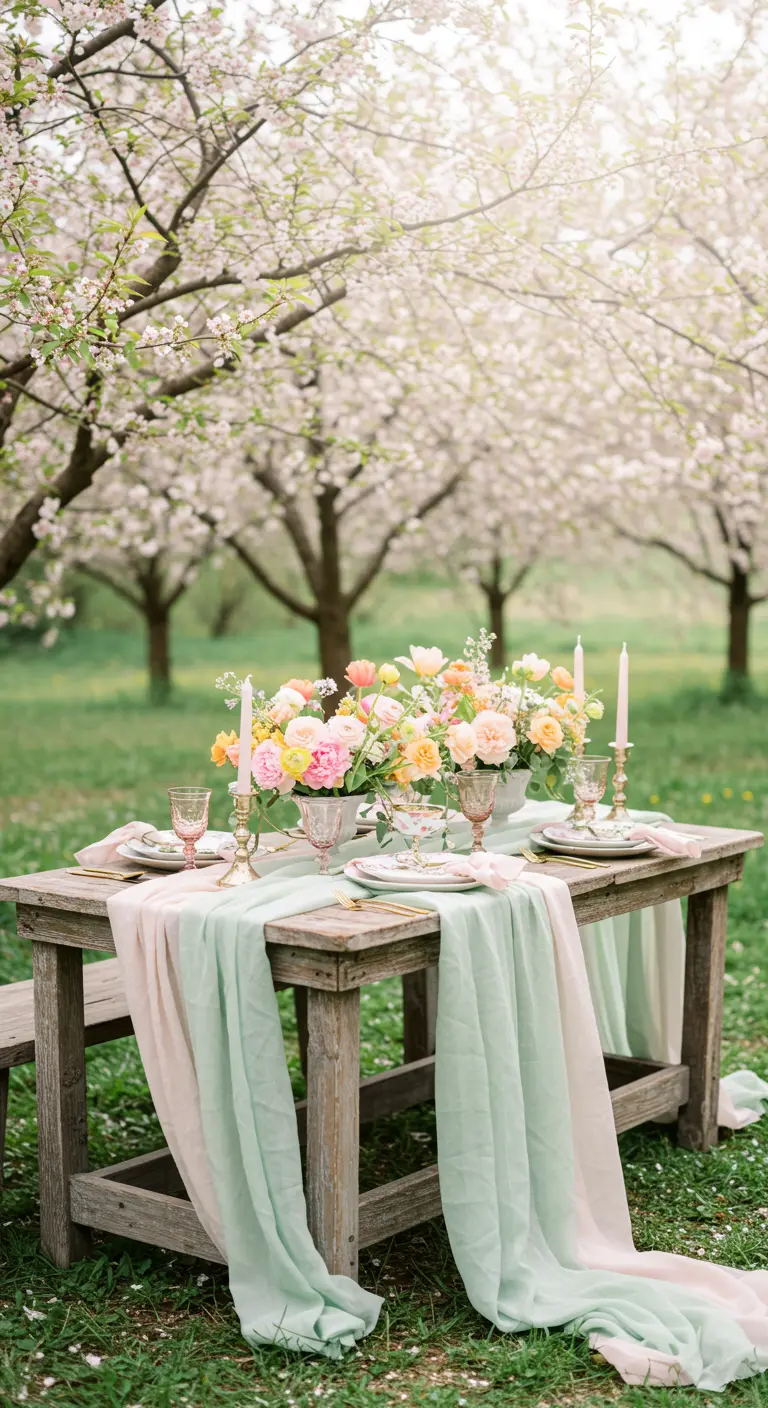Mesa rústica bajo cerezos en flor con camino de mesa menta y rosa.