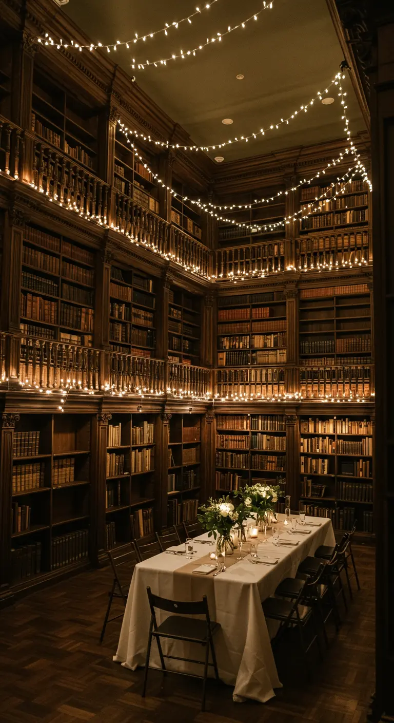 Mesa de boda en una biblioteca antigua con las estanterías y balcones delineados con luces.