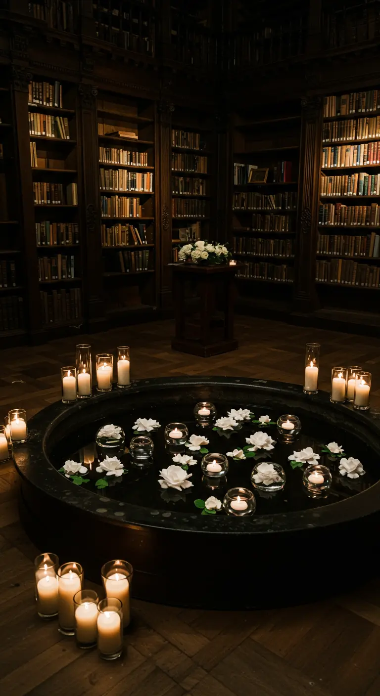 Altar de bodas en una biblioteca oscura con velas flotantes en un cuenco de agua y rosas blancas.