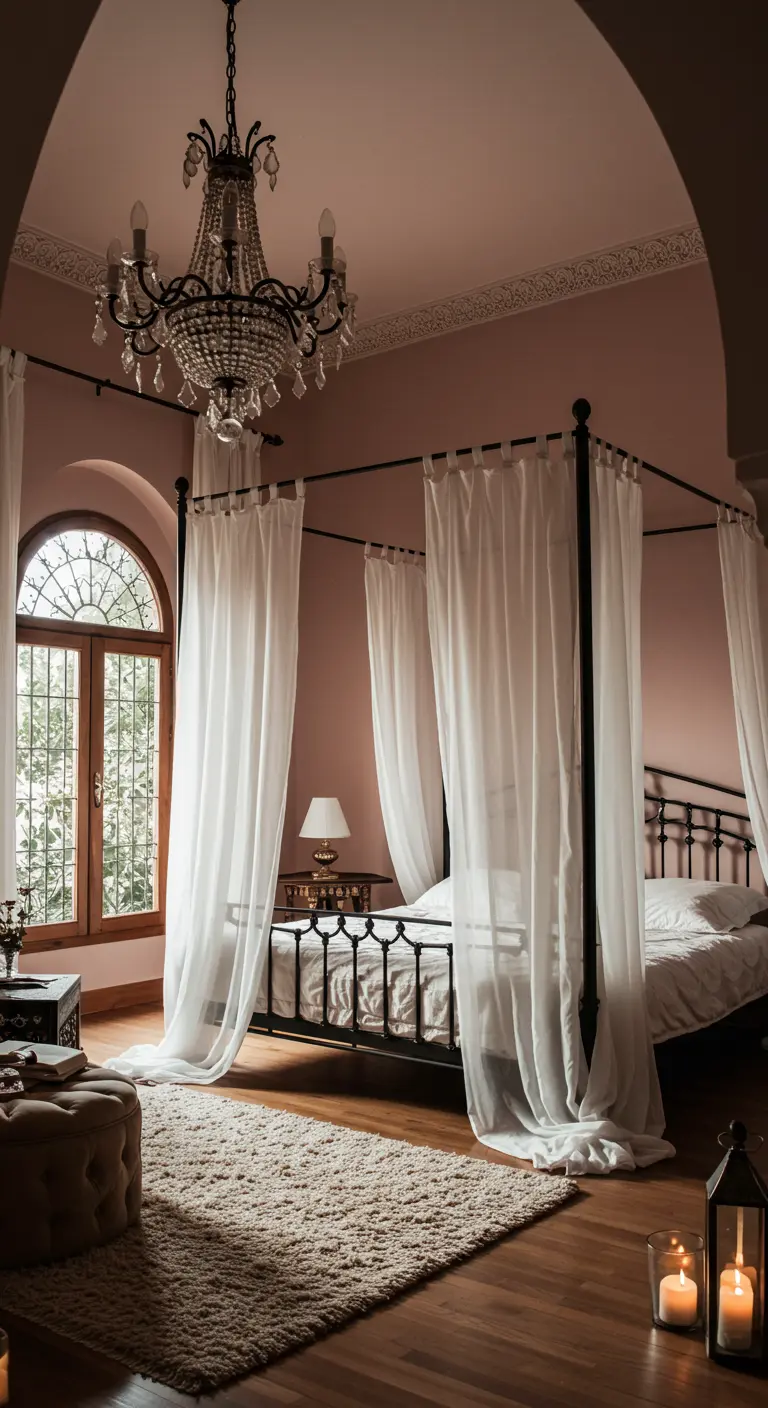 Habitación romántica con cama con dosel de hierro negro, cortinas blancas vaporosas y un candelabro de cristal.