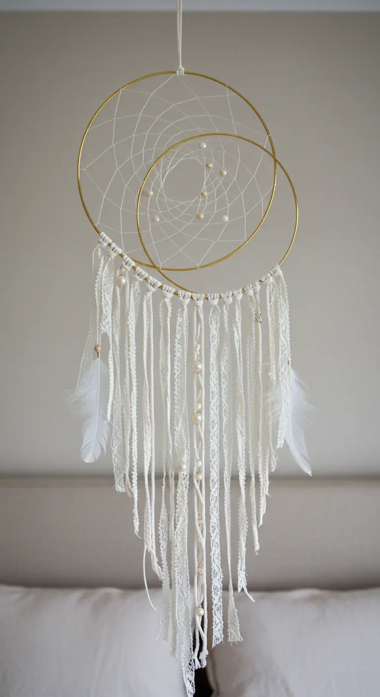 Atrapasueños etéreo con dos aros dorados, perlas, encaje blanco y plumas.
