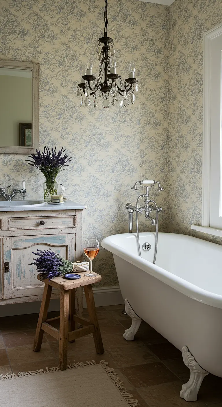 Baño romántico con papel pintado toile de jouy, lámpara de araña y un mueble de madera decapada.