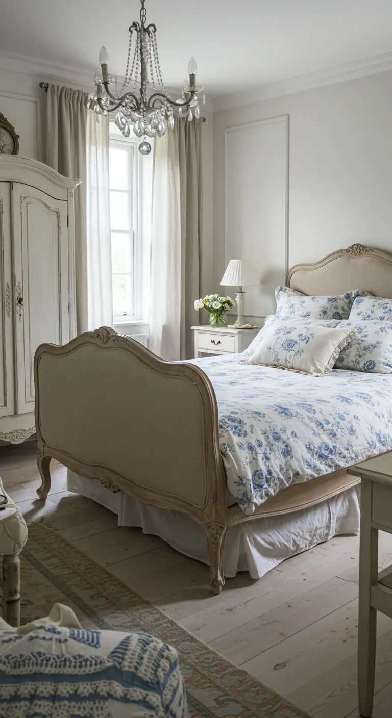 Dormitorio de estilo provenzal con cama de madera tallada y ropa de cama floral azul