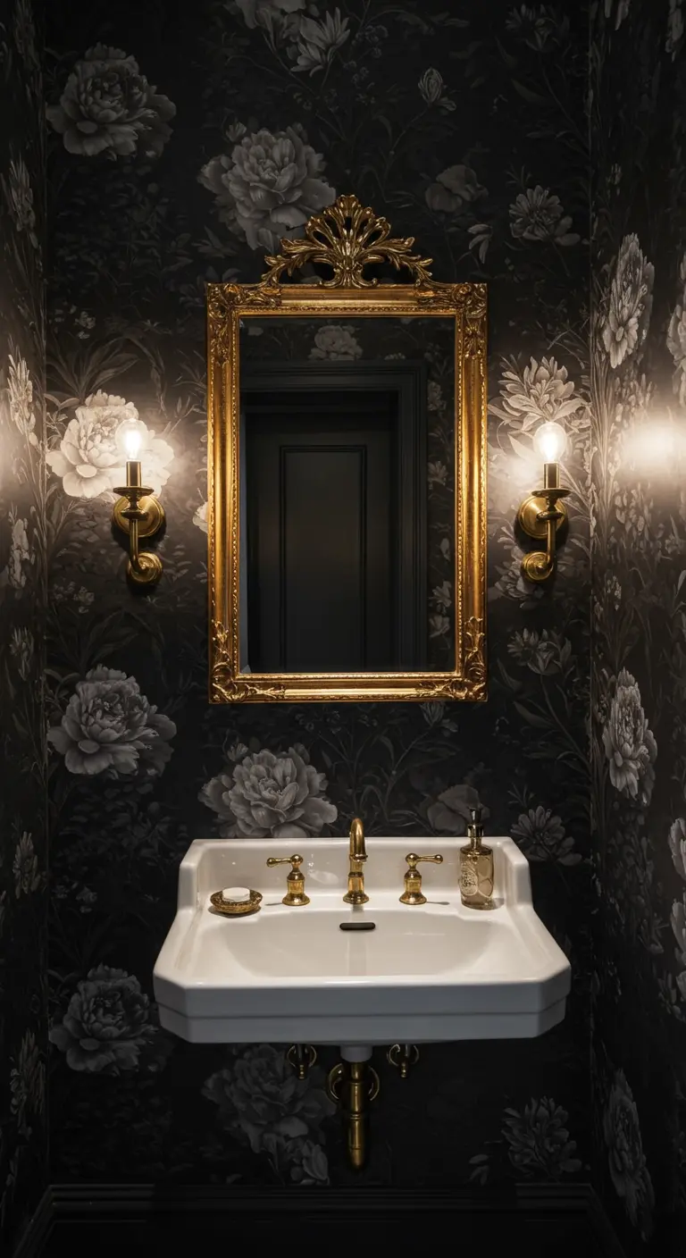 Baño de visitas con papel tapiz floral oscuro, espejo dorado barroco y lavabo de pedestal.